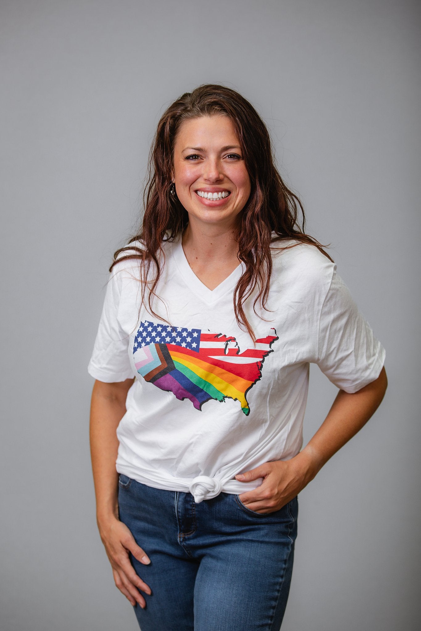 US Map Old Glory Pride - V-Neck T-Shirt - Supporting Equal Rights for All Americans Shirts & Tops Woke American Apparel