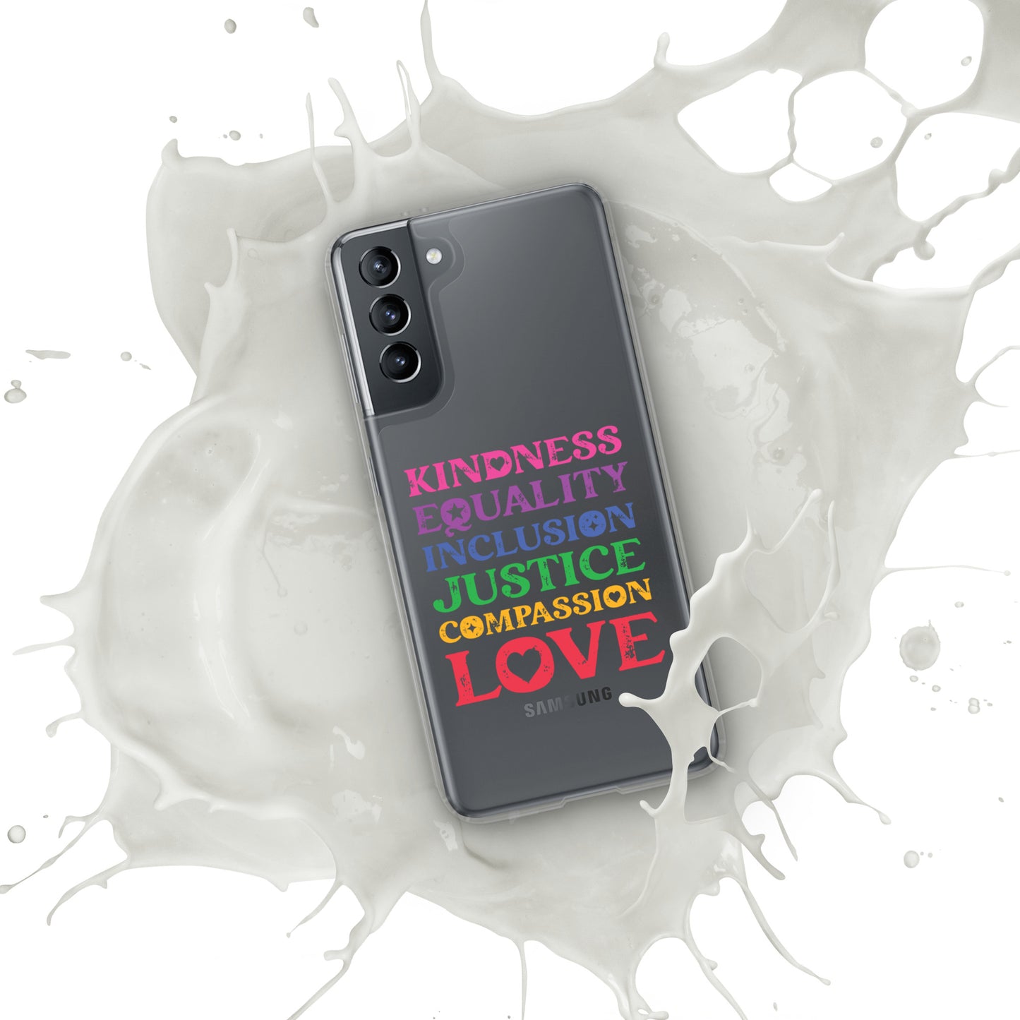 Kindness Equality Inclusion Justice Compassion Love (Rainbow) - Samsung® Phone Case - Supporting Equal Rights for All Americans Mobile Phone Cases Woke American Apparel Samsung Galaxy S21