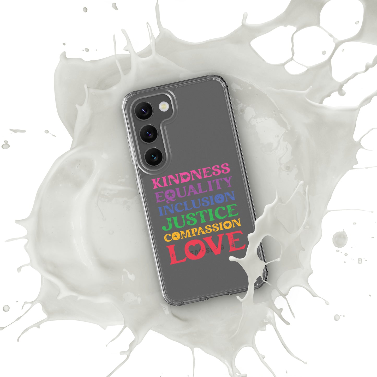 Kindness Equality Inclusion Justice Compassion Love (Rainbow) - Samsung® Phone Case - Supporting Equal Rights for All Americans Mobile Phone Cases Woke American Apparel Samsung Galaxy S23