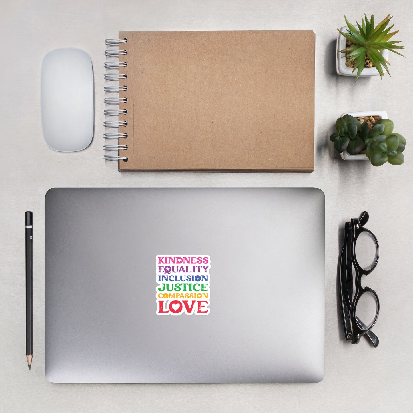 Kindness Equality Inclusion Justice Compassion Love (Rainbow) - Sticker - Supporting Equal Rights for All Americans Decorative Stickers Woke American Apparel 3″×3″