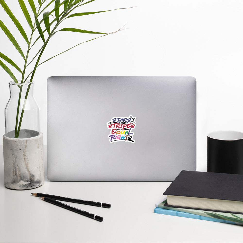 Stars and Stripes and Equal Rights (Rainbow Letters) - Sticker - Supporting Equal Rights for All Americans Decorative Stickers Woke American Apparel