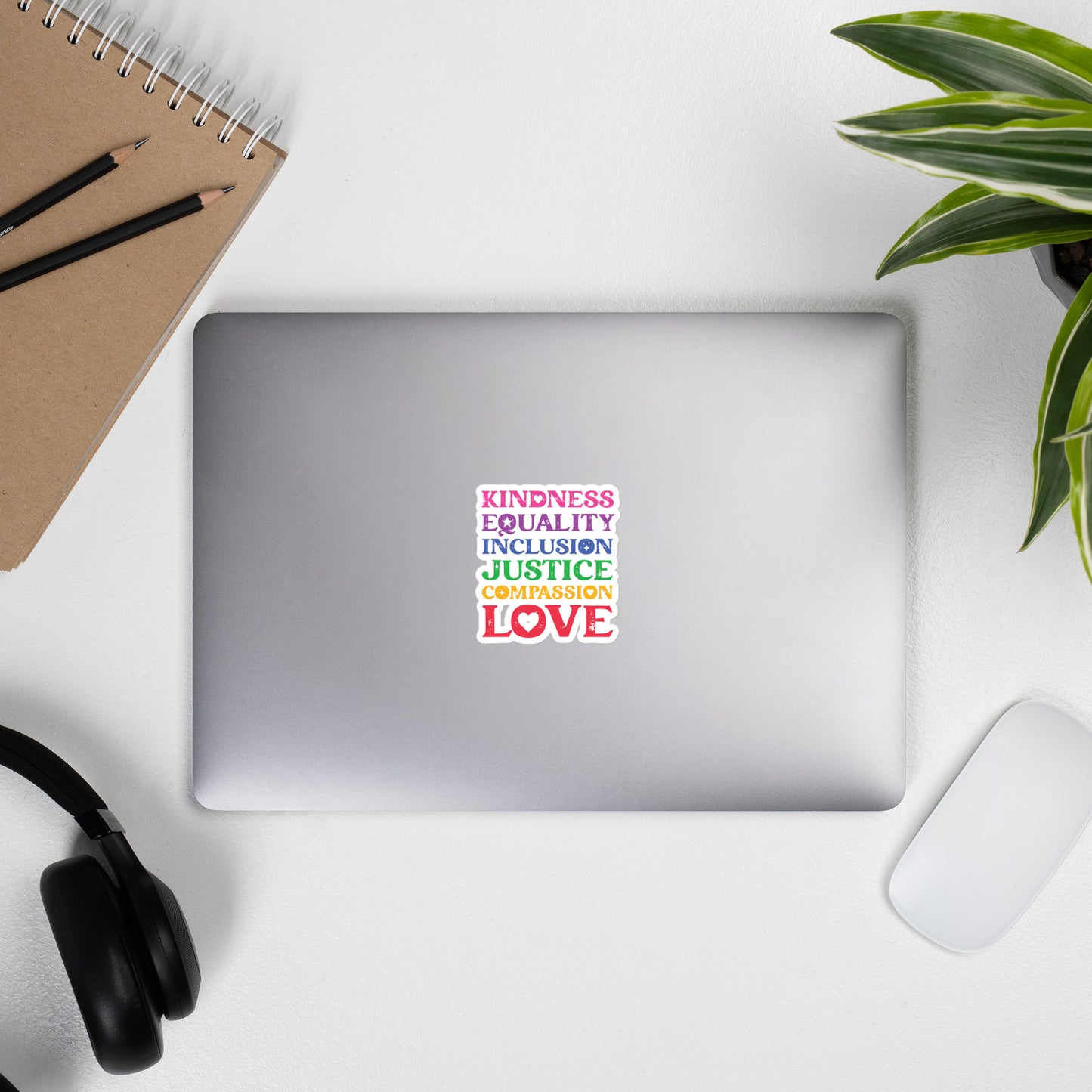 Kindness Equality Inclusion Justice Compassion Love (Rainbow) - Sticker - Supporting Equal Rights for All Americans Decorative Stickers Woke American Apparel