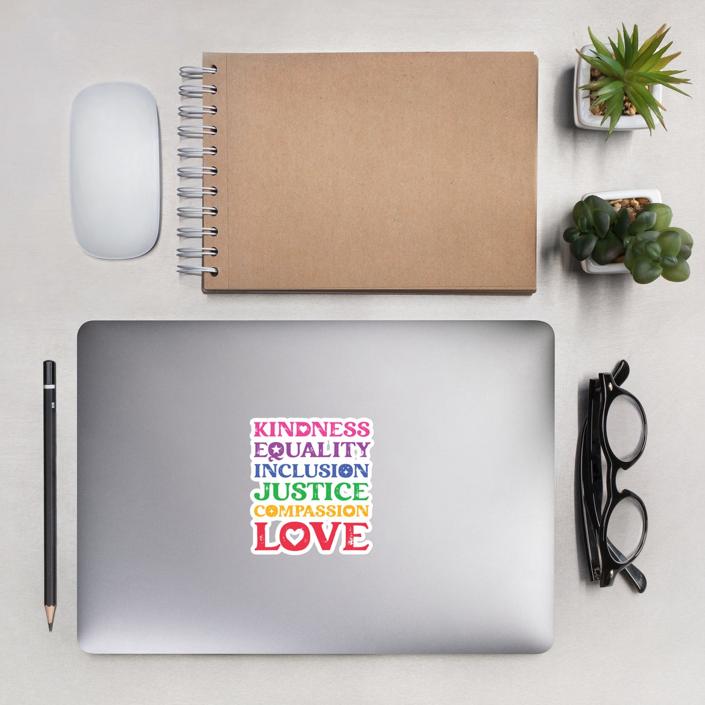 Kindness Equality Inclusion Justice Compassion Love (Rainbow) - Sticker - Supporting Equal Rights for All Americans Decorative Stickers Woke American Apparel 4″×4″