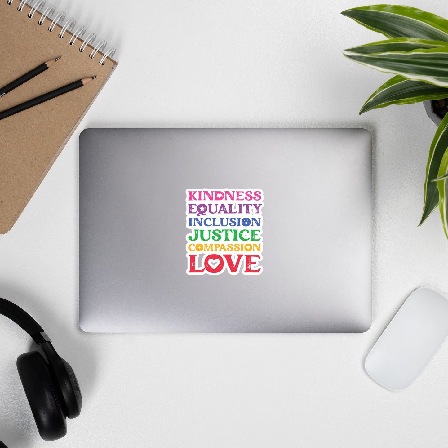 Kindness Equality Inclusion Justice Compassion Love (Rainbow) - Sticker - Supporting Equal Rights for All Americans Decorative Stickers Woke American Apparel