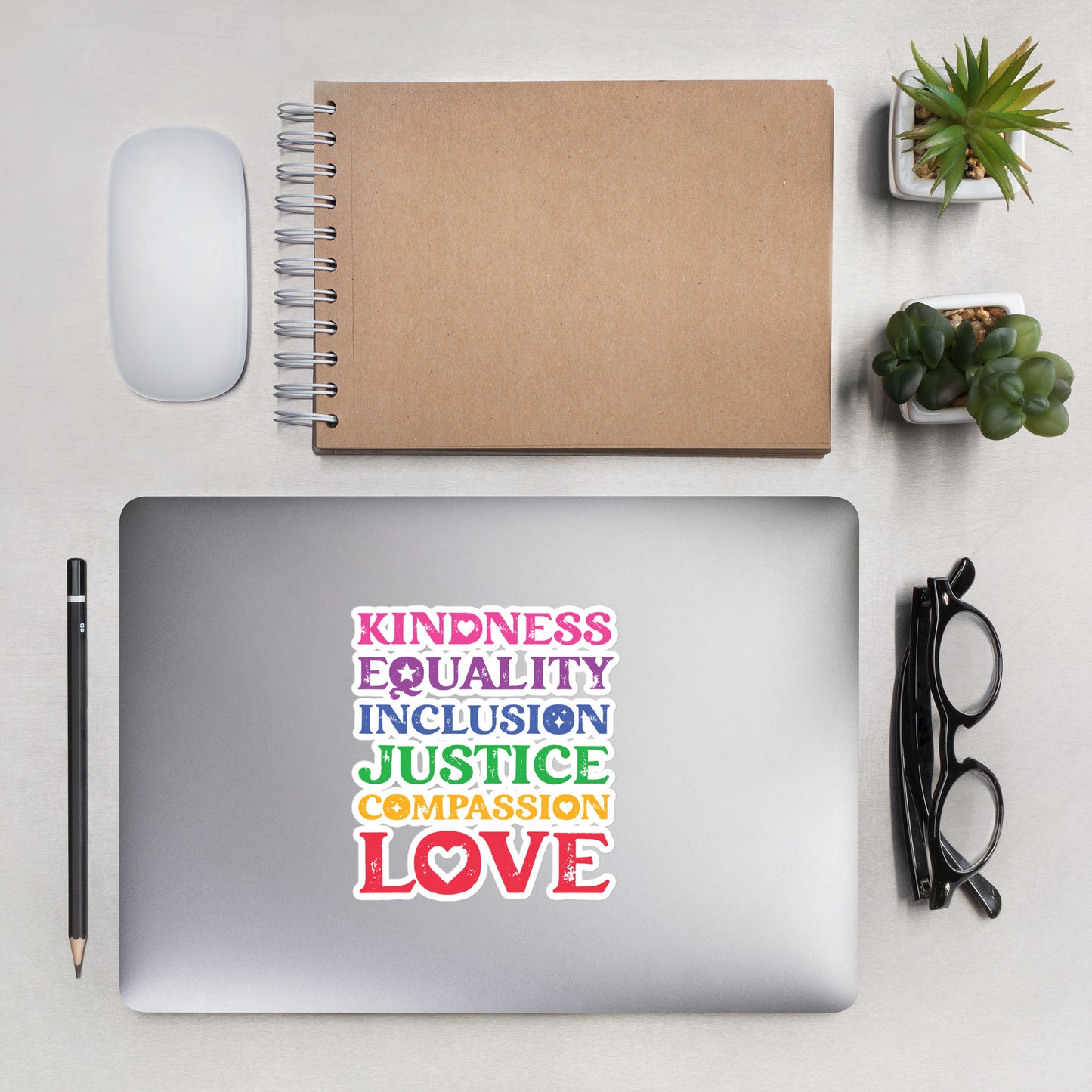 Kindness Equality Inclusion Justice Compassion Love (Rainbow) - Sticker - Supporting Equal Rights for All Americans Decorative Stickers Woke American Apparel 5.5″×5.5″
