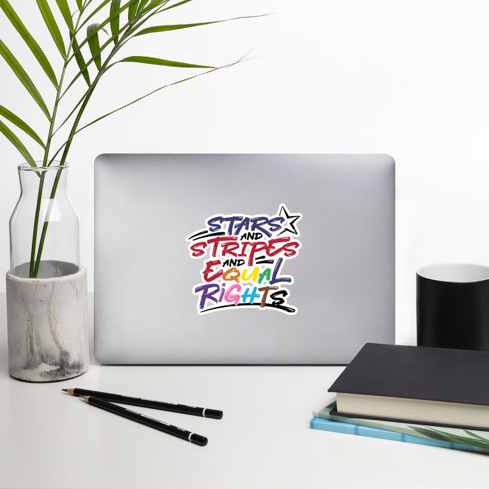 Stars and Stripes and Equal Rights (Rainbow Letters) - Sticker - Supporting Equal Rights for All Americans Decorative Stickers Woke American Apparel