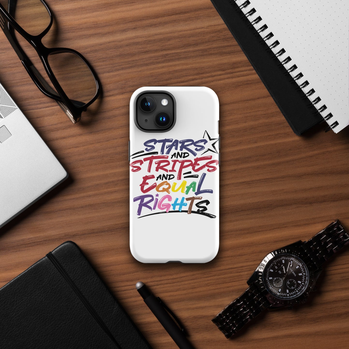 Stars and Stripes and Equal Rights (Rainbow Letters) - iPhone® Case - Supporting Equal Rights for All Americans Mobile Phone Cases Woke American Apparel iPhone 15