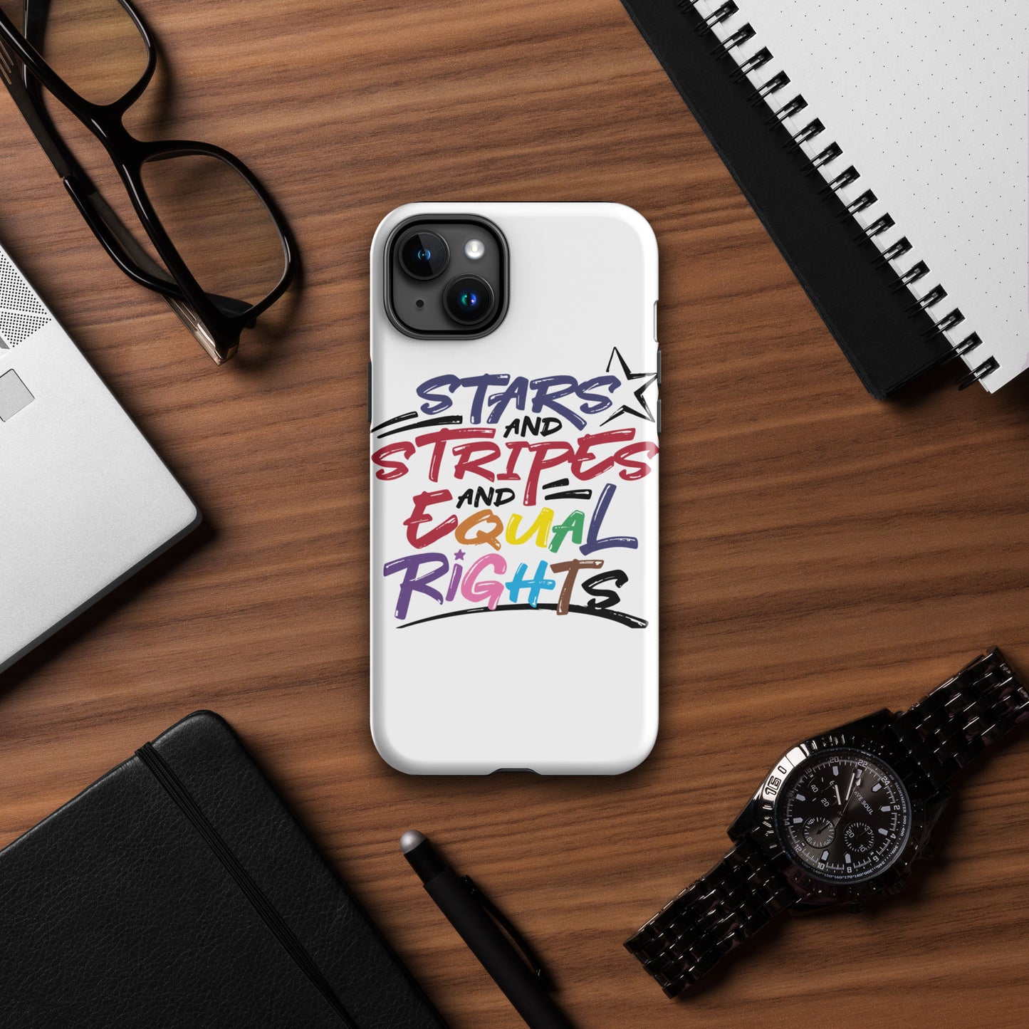Stars and Stripes and Equal Rights (Rainbow Letters) - iPhone® Case - Supporting Equal Rights for All Americans Mobile Phone Cases Woke American Apparel iPhone 15 Plus