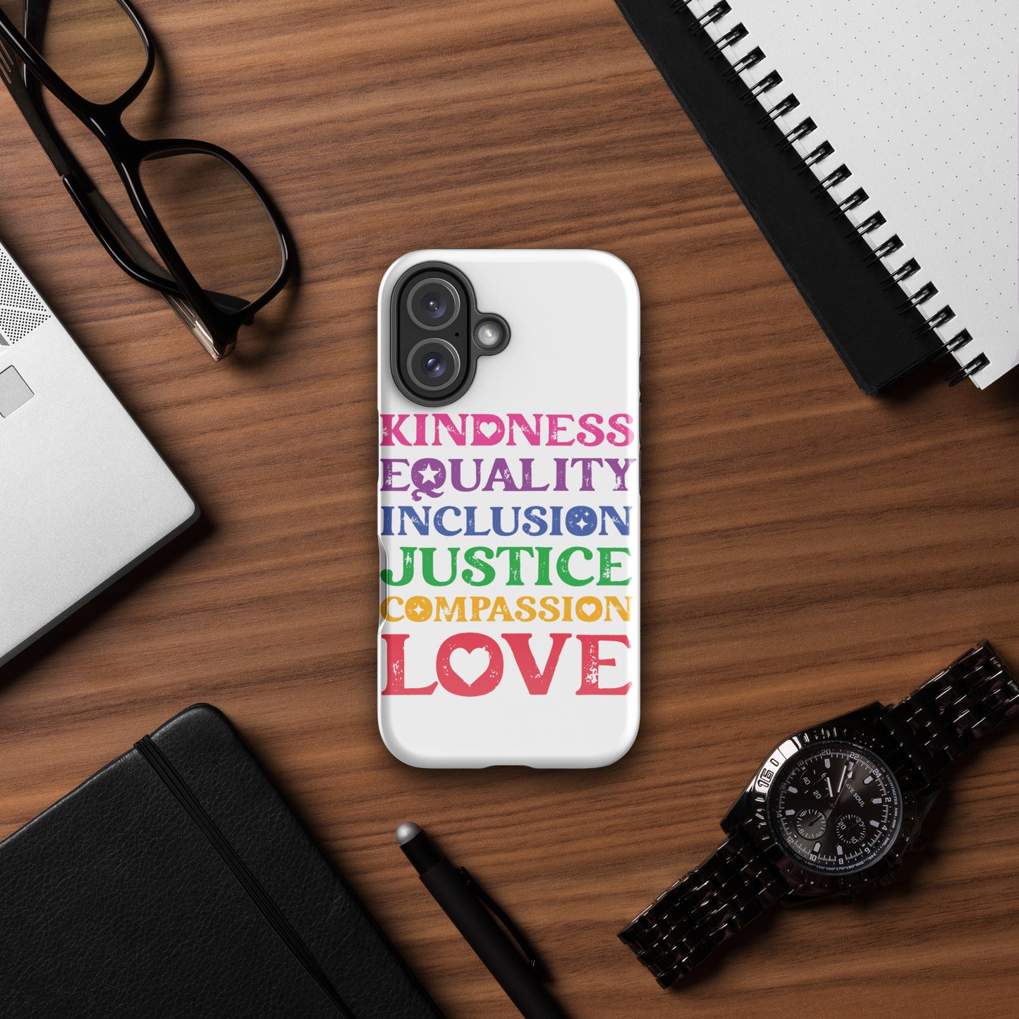 Kindness Equality Inclusion Justice Compassion Love (Rainbow) - iPhone® Case - Supporting Equal Rights for All Americans Mobile Phone Cases Woke American Apparel iPhone 16
