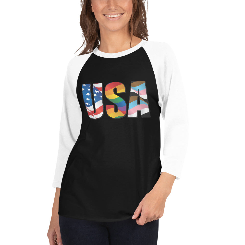 USA Pride - 3/4 Sleeve Raglan Shirt - Supporting Equal Rights for All Americans Shirts & Tops Woke American Apparel Black/White XS
