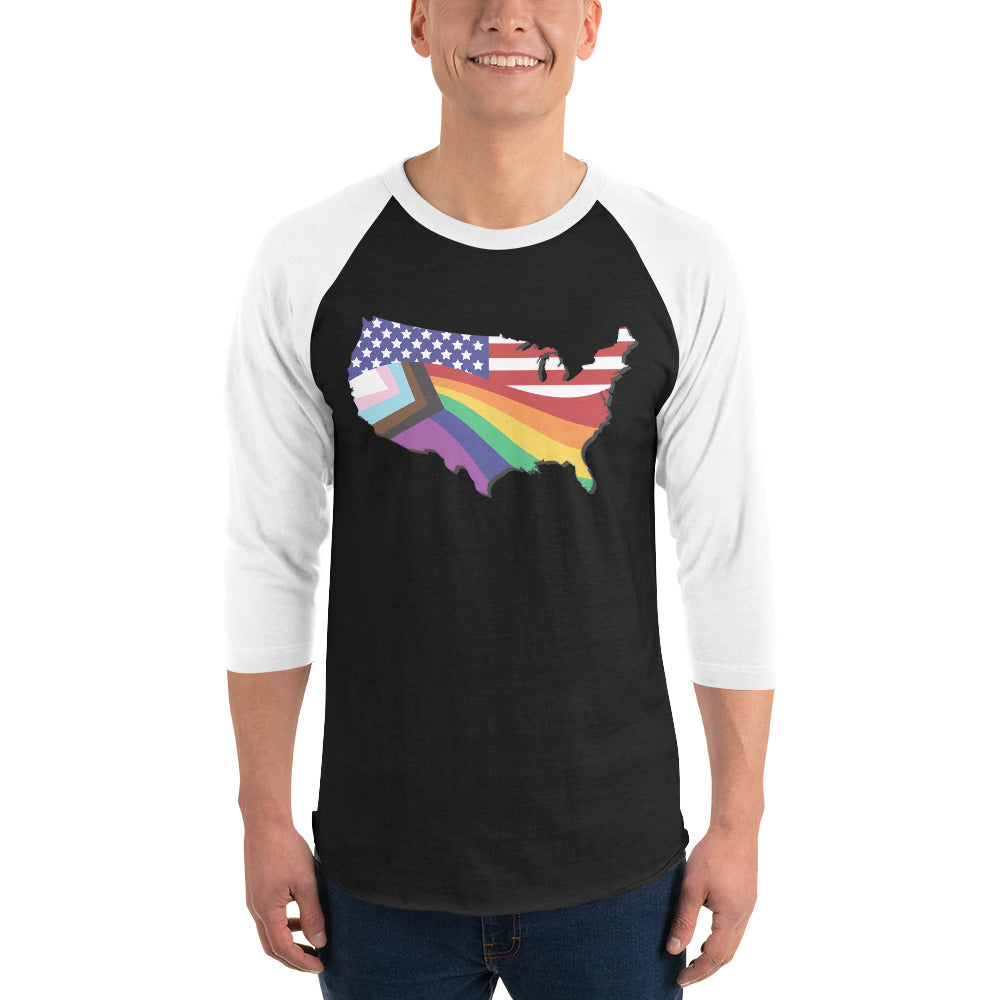 US Map Old Glory Pride - 3/4 Sleeve Raglan Shirt - Supporting Equal Rights for All Americans Shirts & Tops Woke American Apparel Black/White XS