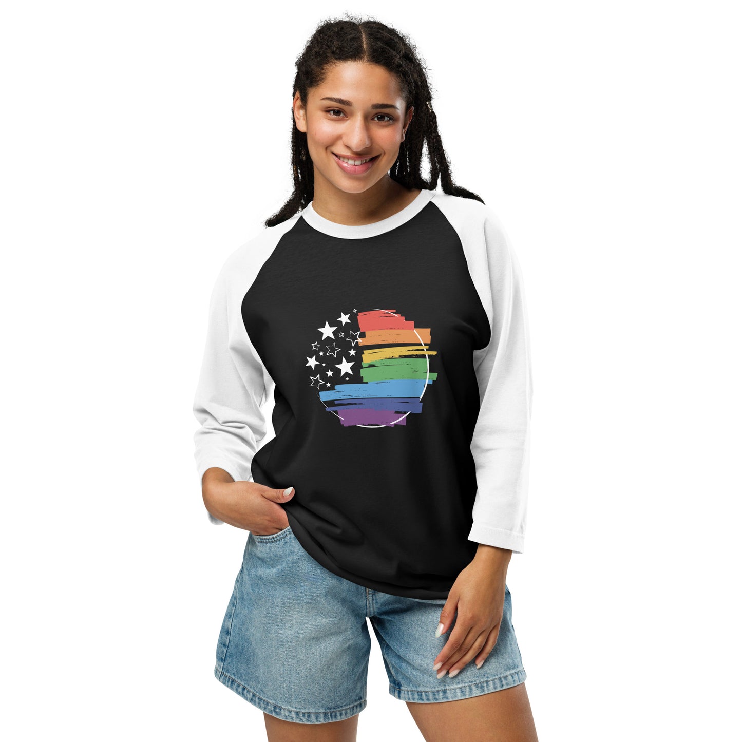 Stars & Pride - 3/4 Sleeve Raglan T-Shirt - Supporting LGBTQIA+ Rights Shirts & Tops Woke American Apparel Black/White XS