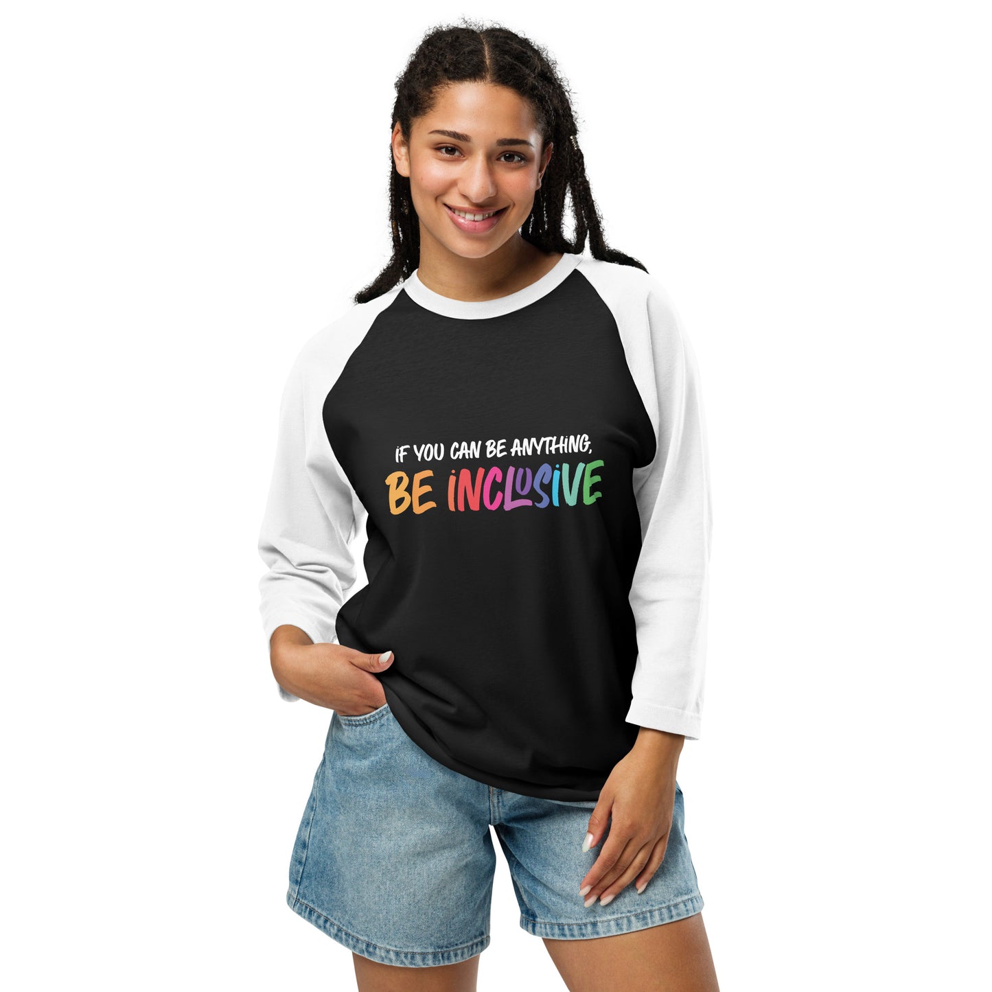 Be Inclusive - 3/4 Sleeve Raglan T-Shirt - Supporting Equal Rights for All Americans Shirts & Tops Woke American Apparel Black/White XS