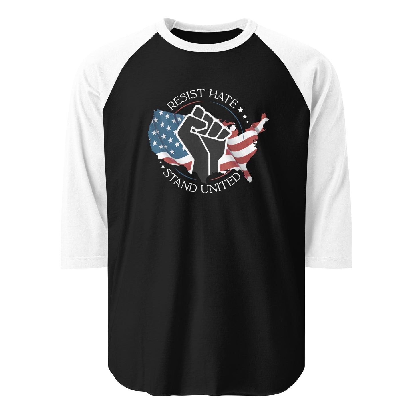 Resist Hate, Stand United - 3/4 Sleeve Raglan T-Shirt - Supporting Black Lives Matter and Equal Rights for All Americans Shirts & Tops Woke American Apparel Black/White XS