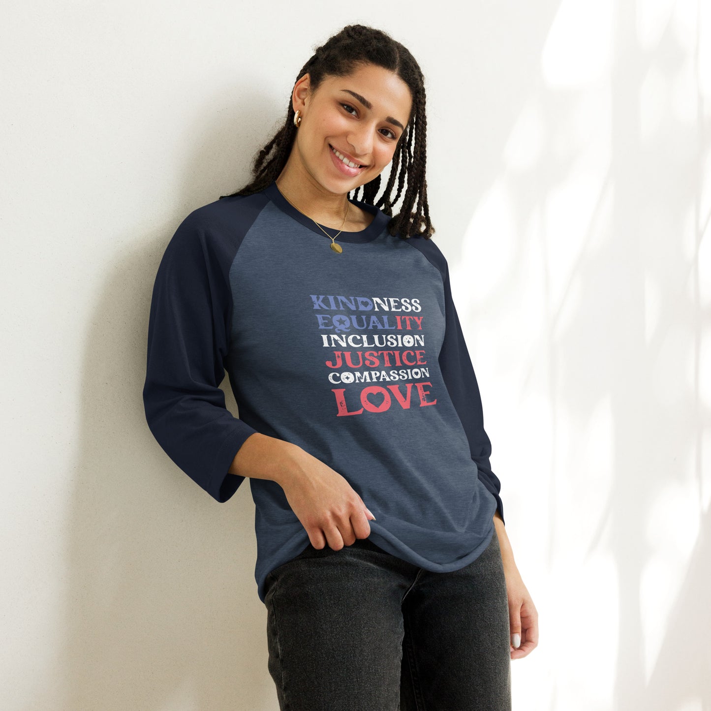 Kindness Equality Inclusion Justice Compassion Love - 3/4 Sleeve Raglan Shirt - Supporting Equal Rights for All Americans Shirts & Tops Woke American Apparel Heather Denim/Navy XS