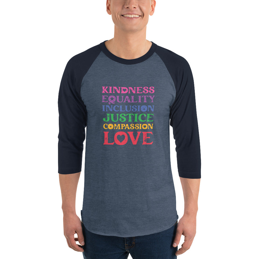Kindness Equality Inclusion Justice Compassion Love (Rainbow) - 3/4 Sleeve Raglan Shirt - Supporting Equal Rights for All Americans Shirts & Tops Woke American Apparel Heather Denim/Navy XS