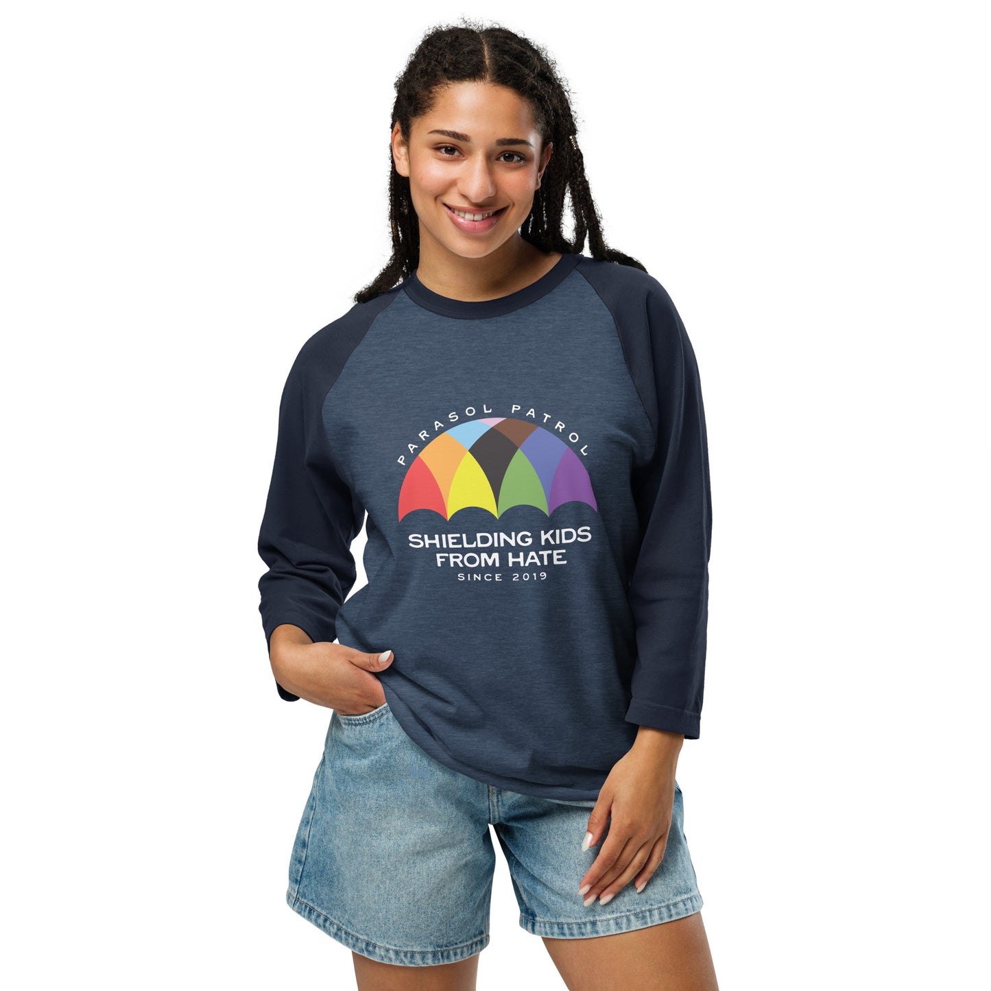 Parasol Patrol - 3/4 Sleeve Raglan T-Shirt Shirts & Tops Woke American Apparel Heather Denim/Navy XS