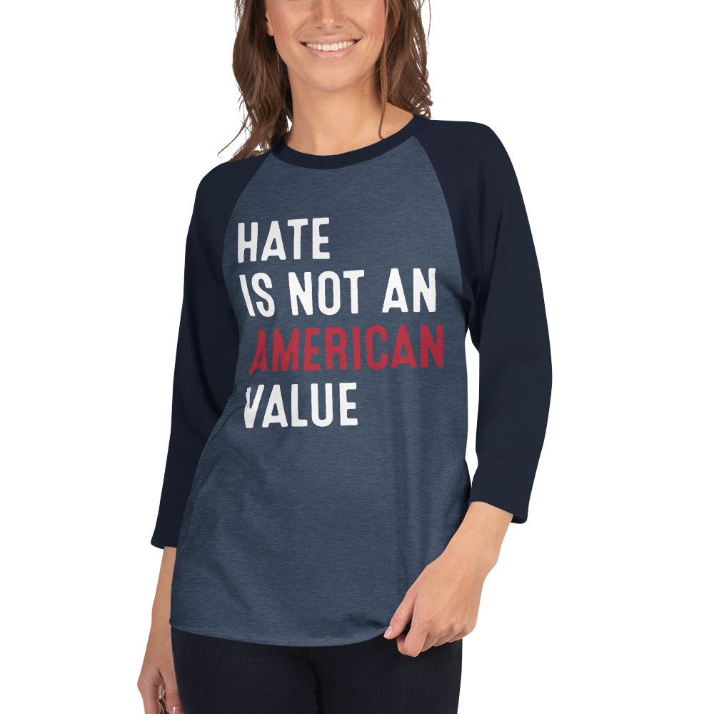 Hate Is Not An American Value - 3/4 Sleeve Raglan Shirt - Supporting Equal Rights for All Americans Shirts & Tops Woke American Apparel Heather Denim/Navy XS