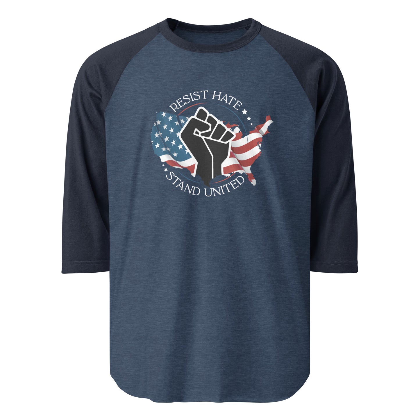 Resist Hate, Stand United - 3/4 Sleeve Raglan T-Shirt - Supporting Black Lives Matter and Equal Rights for All Americans Shirts & Tops Woke American Apparel Heather Denim/Navy XS