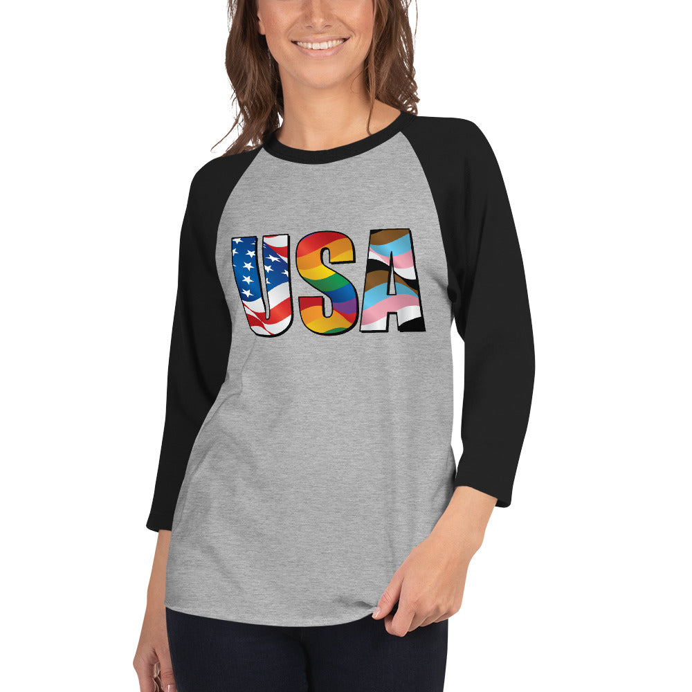 USA Pride - 3/4 Sleeve Raglan Shirt - Supporting Equal Rights for All Americans Shirts & Tops Woke American Apparel Heather Grey/Black XS