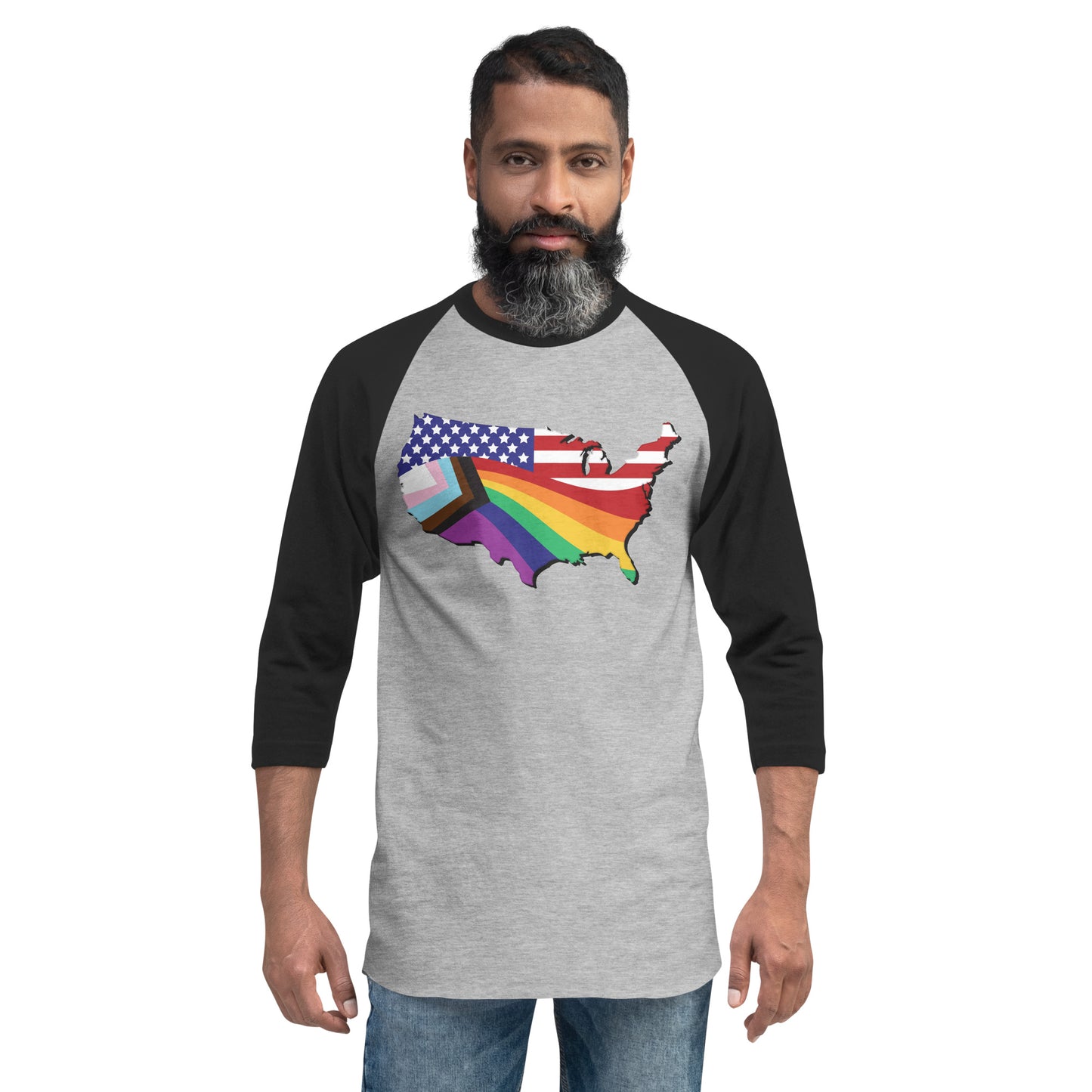 US Map Old Glory Pride - 3/4 Sleeve Raglan Shirt - Supporting Equal Rights for All Americans Shirts & Tops Woke American Apparel Heather Grey/Black XS