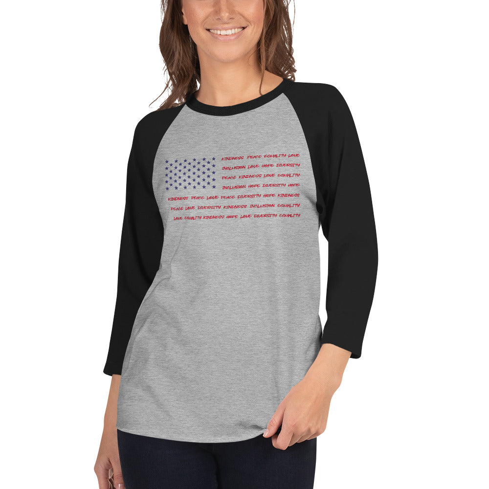 Flag Words of Kindness - 3/4 Sleeve Raglan Shirt - Supporting Equal Rights for All Americans Shirts & Tops Woke American Apparel Heather Grey/Black XS