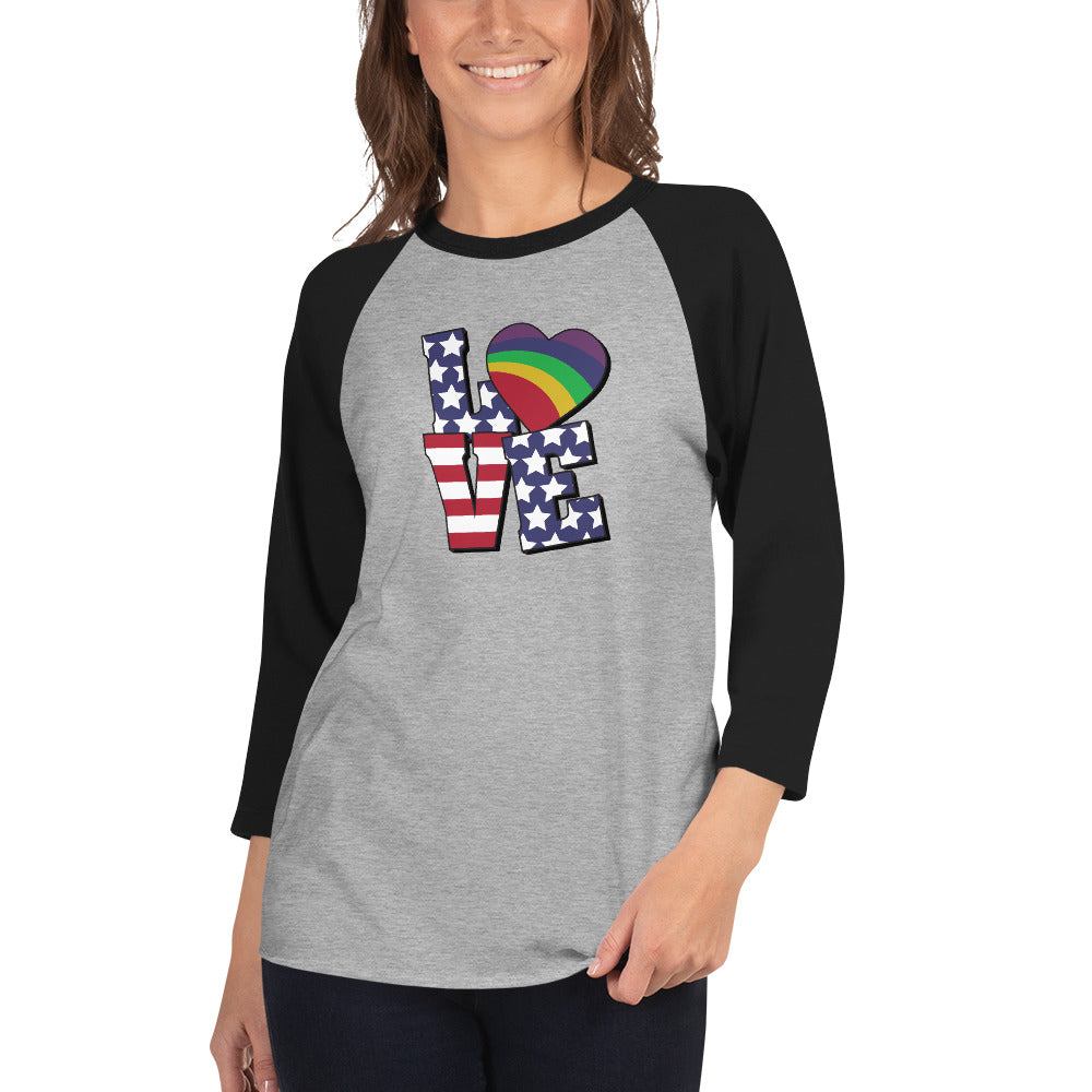 Old Glory Love with Rainbow Heart - 3/4 Sleeve Raglan T-Shirt - Supporting Equal Rights for All Americans Shirts & Tops Woke American Apparel Heather Grey/Black XS