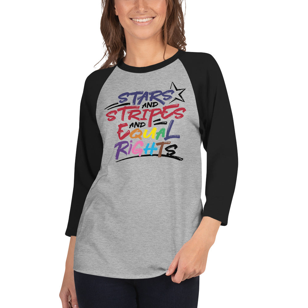 Stars and Stripes and Equal Rights (Rainbow Letters) - 3/4 Sleeve Raglan Shirt - Supporting Equal Rights for All Americans Shirts & Tops Woke American Apparel Heather Grey/Black XS