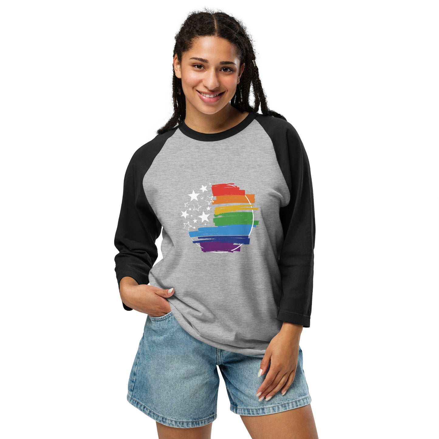 Stars & Pride - 3/4 Sleeve Raglan T-Shirt - Supporting LGBTQIA+ Rights Shirts & Tops Woke American Apparel Heather Grey/Black XS