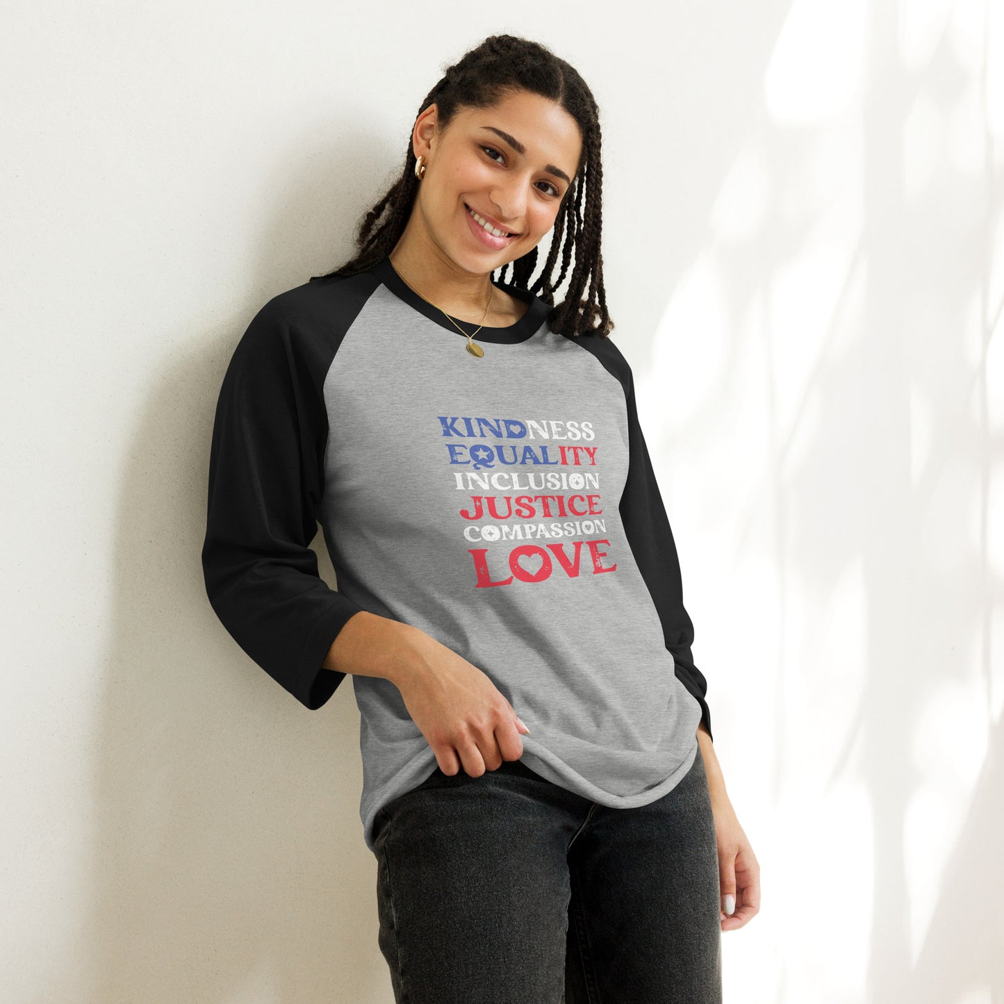 Kindness Equality Inclusion Justice Compassion Love - 3/4 Sleeve Raglan Shirt - Supporting Equal Rights for All Americans Shirts & Tops Woke American Apparel Heather Grey/Black XS