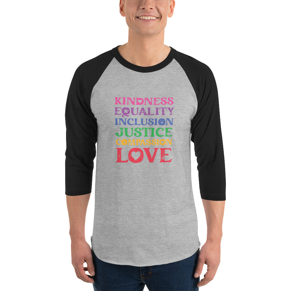 Kindness Equality Inclusion Justice Compassion Love (Rainbow) - 3/4 Sleeve Raglan Shirt - Supporting Equal Rights for All Americans Shirts & Tops Woke American Apparel Heather Grey/Black XS