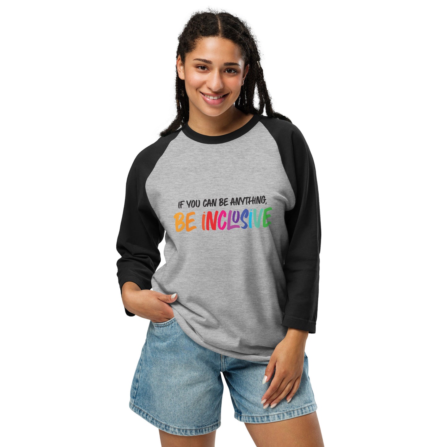 Be Inclusive - 3/4 Sleeve Raglan T-Shirt - Supporting Equal Rights for All Americans Shirts & Tops Woke American Apparel Heather Grey/Black XS