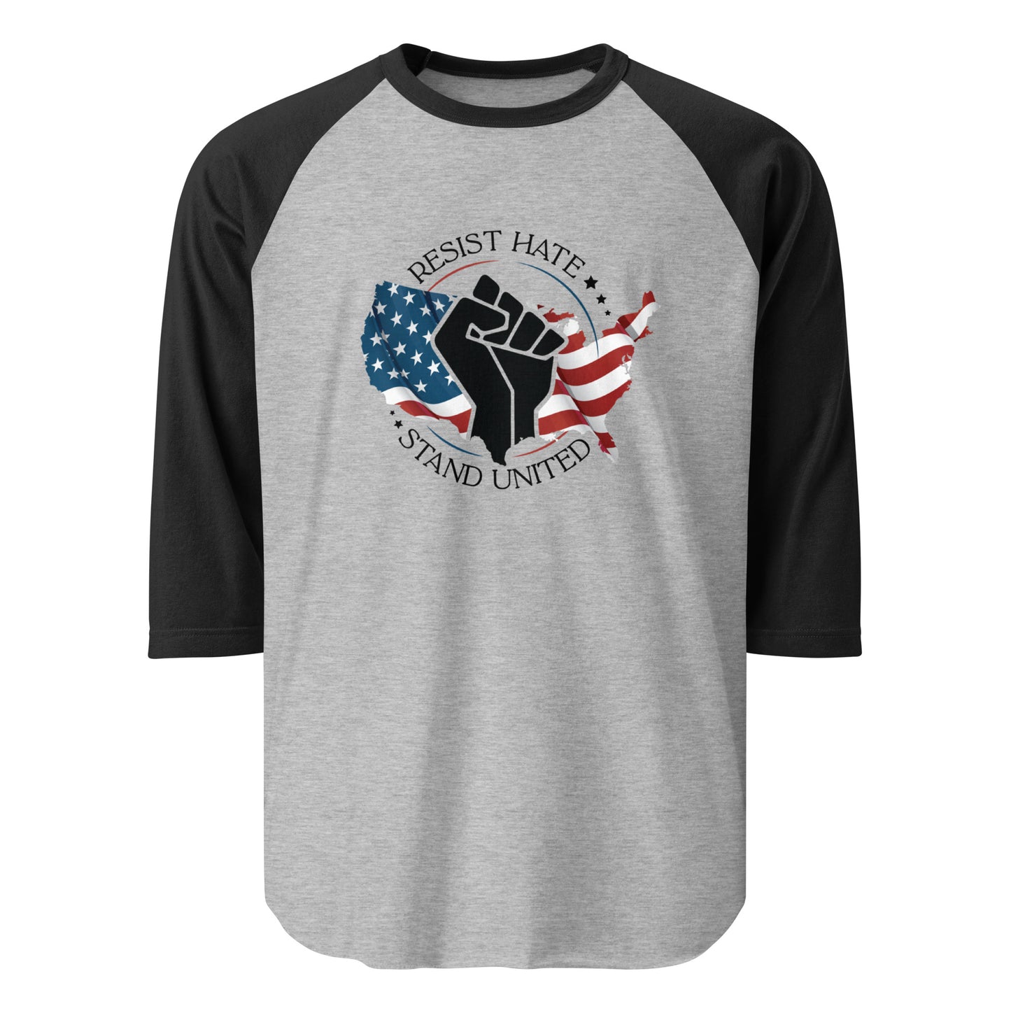 Resist Hate, Stand United - 3/4 Sleeve Raglan T-Shirt - Supporting Black Lives Matter and Equal Rights for All Americans Shirts & Tops Woke American Apparel Heather Grey/Black XS