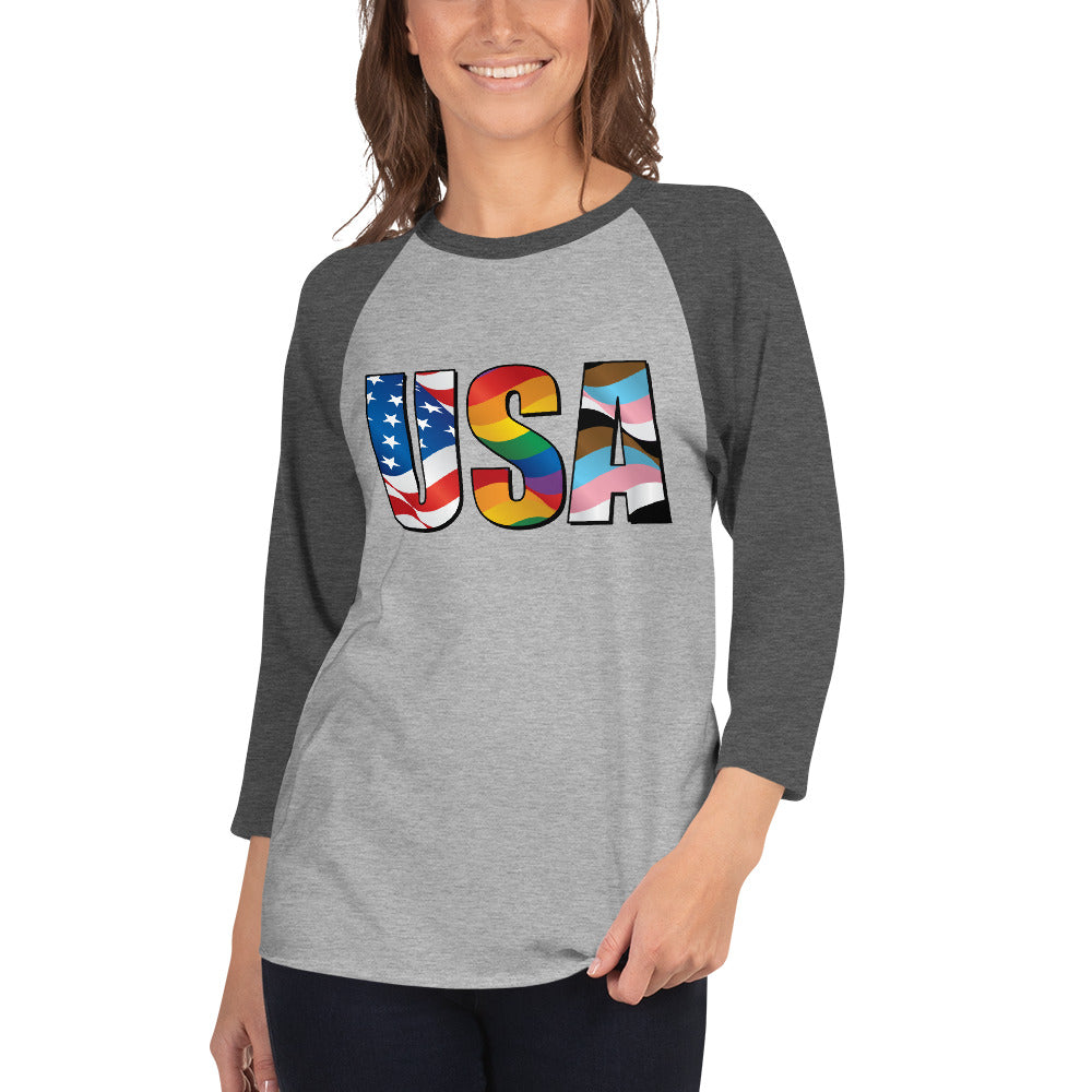 USA Pride - 3/4 Sleeve Raglan Shirt - Supporting Equal Rights for All Americans Shirts & Tops Woke American Apparel Heather Grey/Heather Charcoal XS