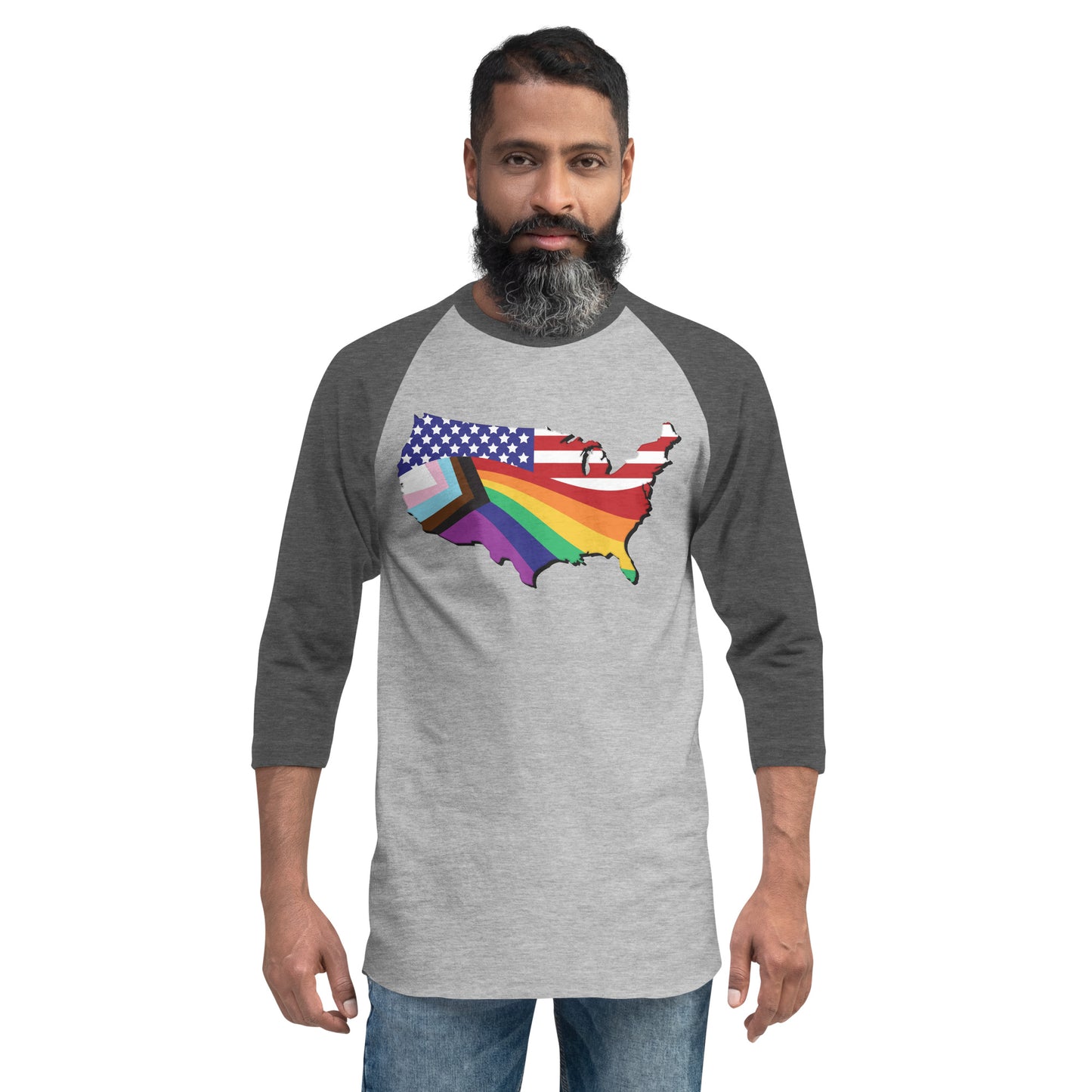 US Map Old Glory Pride - 3/4 Sleeve Raglan Shirt - Supporting Equal Rights for All Americans Shirts & Tops Woke American Apparel Heather Grey/Heather Charcoal XS