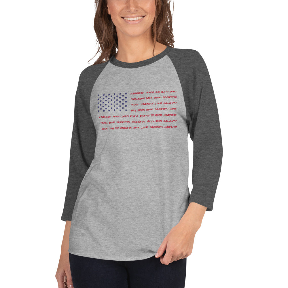 Flag Words of Kindness - 3/4 Sleeve Raglan Shirt - Supporting Equal Rights for All Americans Shirts & Tops Woke American Apparel Heather Grey/Heather Charcoal XS