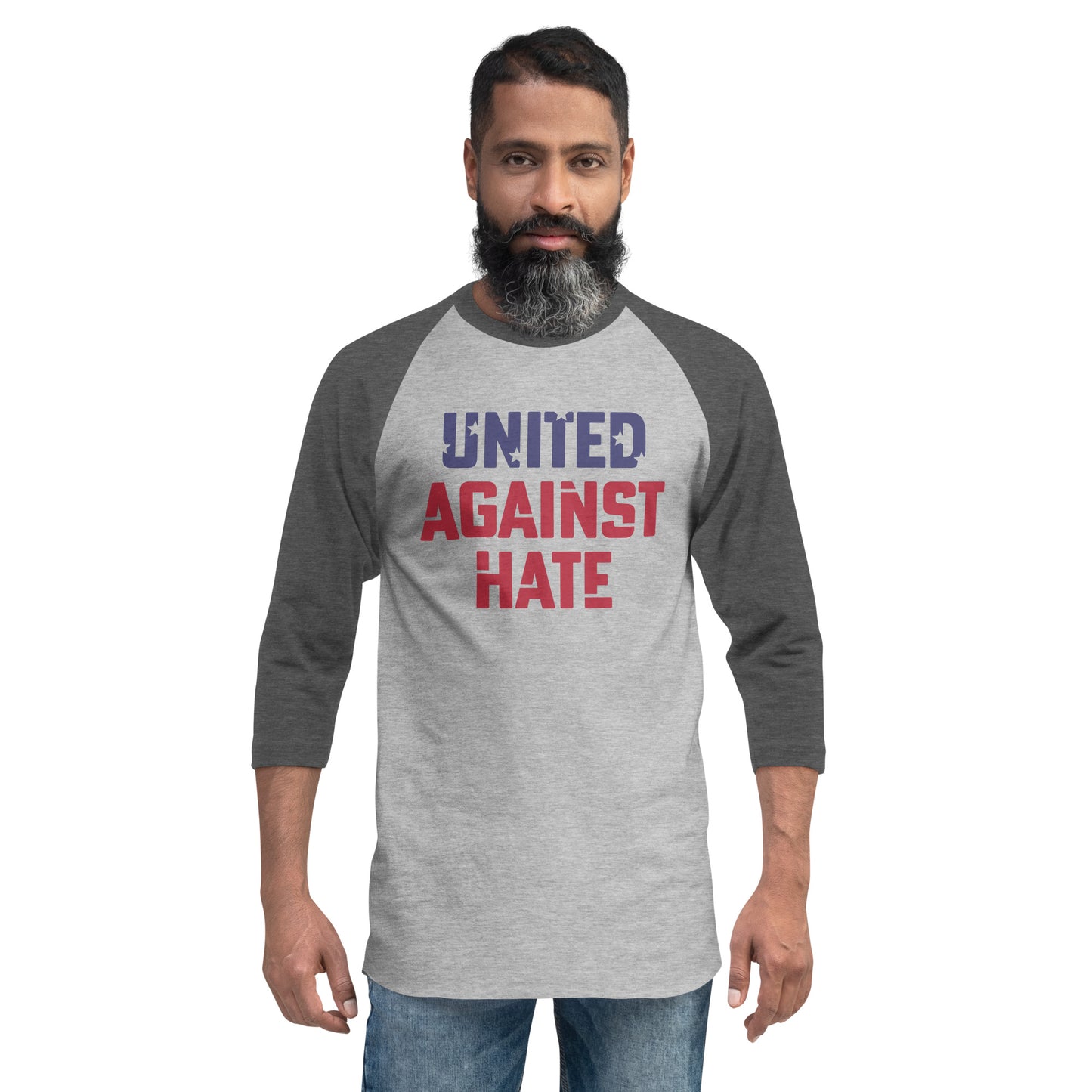 United Against Hate - 3/4 Sleeve Raglan T-Shirt - Supporting Black Lives Matter and Equal Rights for All Americans Shirts & Tops Woke American Apparel Heather Grey/Heather Charcoal XS