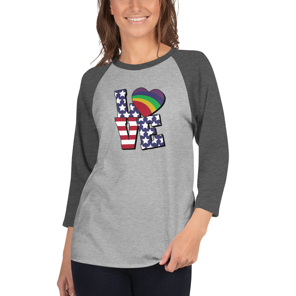 Old Glory Love with Rainbow Heart - 3/4 Sleeve Raglan T-Shirt - Supporting Equal Rights for All Americans Shirts & Tops Woke American Apparel Heather Grey/Heather Charcoal XS