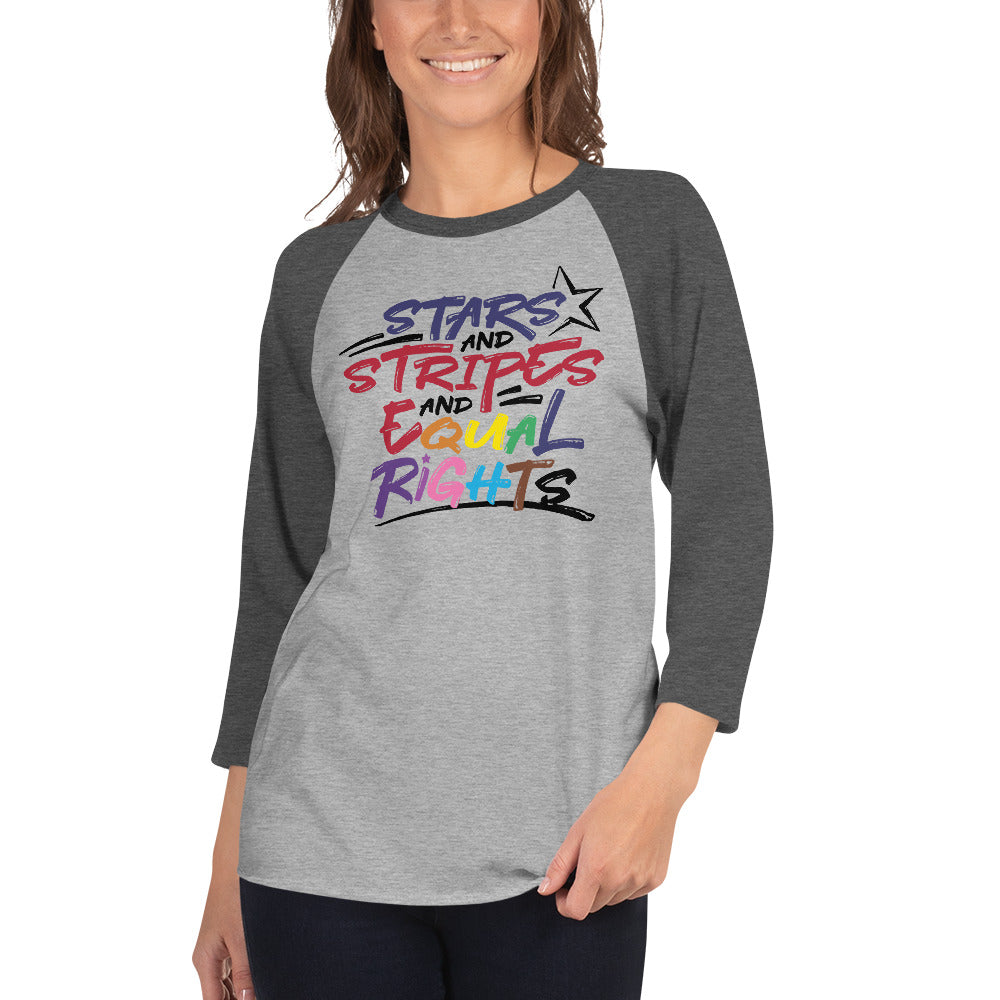 Stars and Stripes and Equal Rights (Rainbow Letters) - 3/4 Sleeve Raglan Shirt - Supporting Equal Rights for All Americans Shirts & Tops Woke American Apparel Heather Grey/Heather Charcoal XS