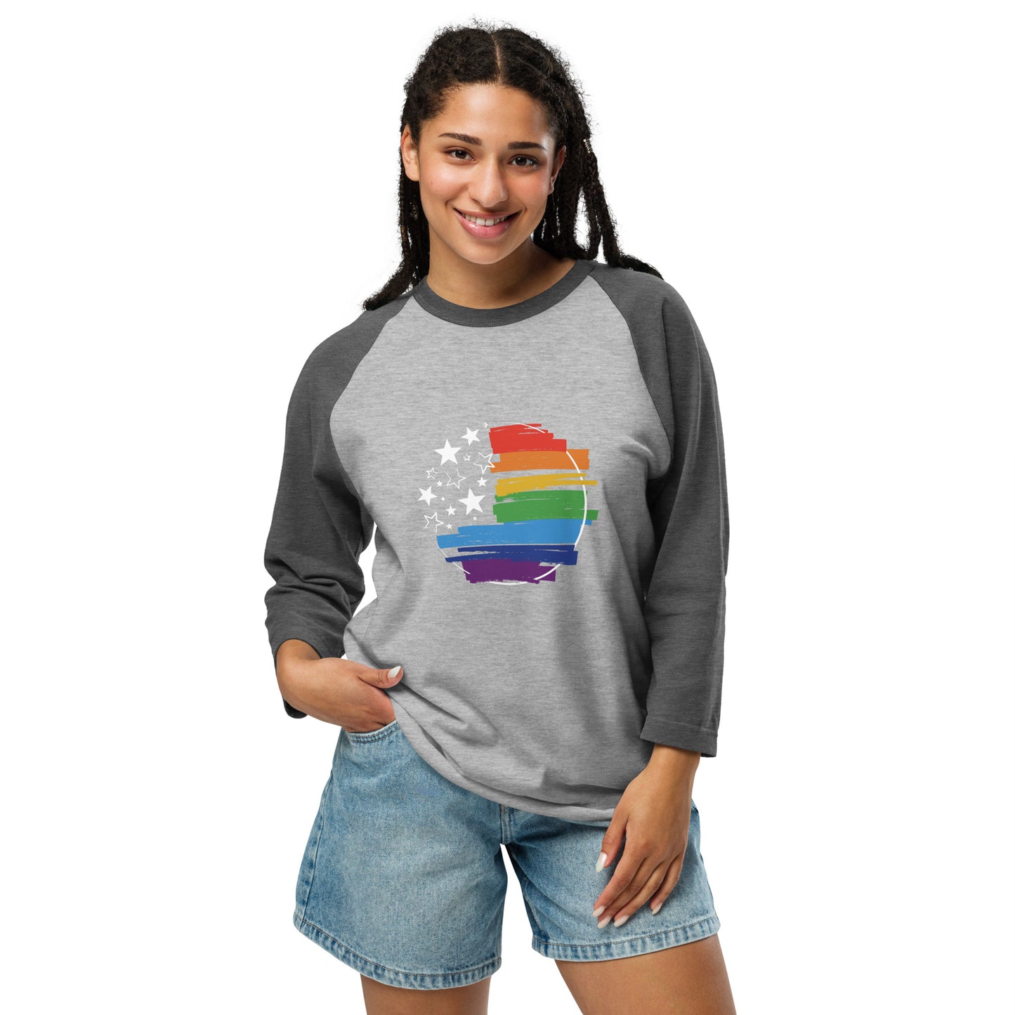 Stars & Pride - 3/4 Sleeve Raglan T-Shirt - Supporting LGBTQIA+ Rights Shirts & Tops Woke American Apparel Heather Grey/Heather Charcoal XS