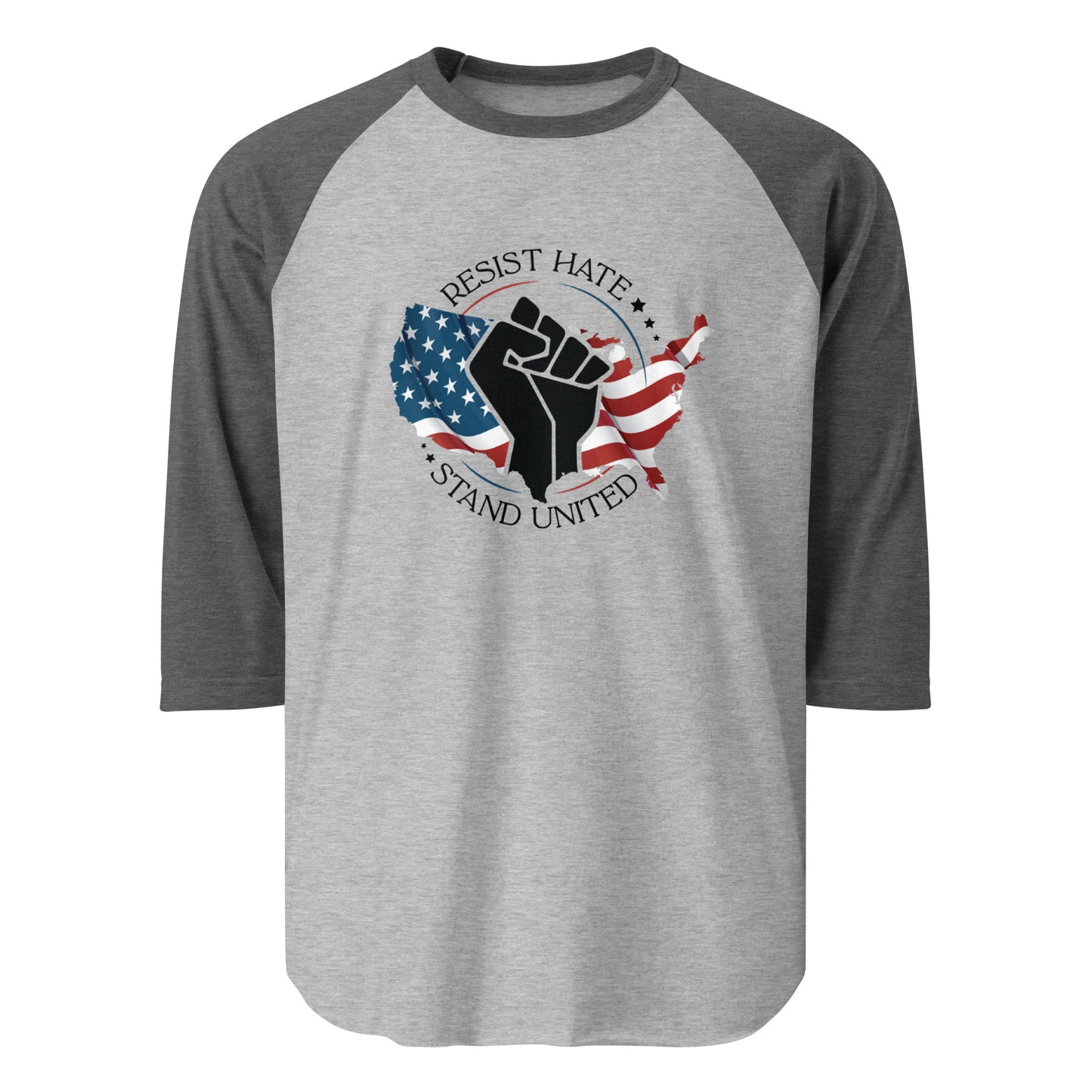 Resist Hate, Stand United - 3/4 Sleeve Raglan T-Shirt - Supporting Black Lives Matter and Equal Rights for All Americans Shirts & Tops Woke American Apparel Heather Grey/Heather Charcoal XS