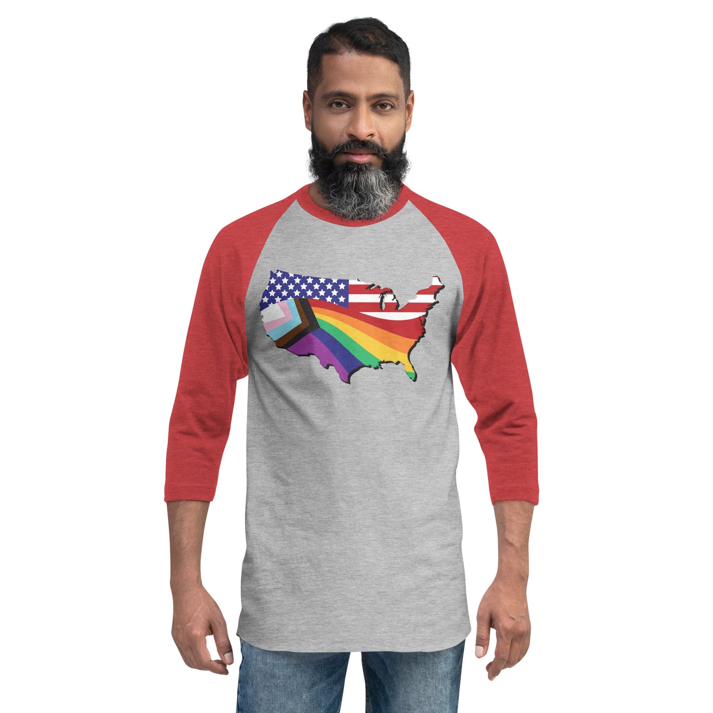 US Map Old Glory Pride - 3/4 Sleeve Raglan Shirt - Supporting Equal Rights for All Americans Shirts & Tops Woke American Apparel Heather Grey/Heather Red XS