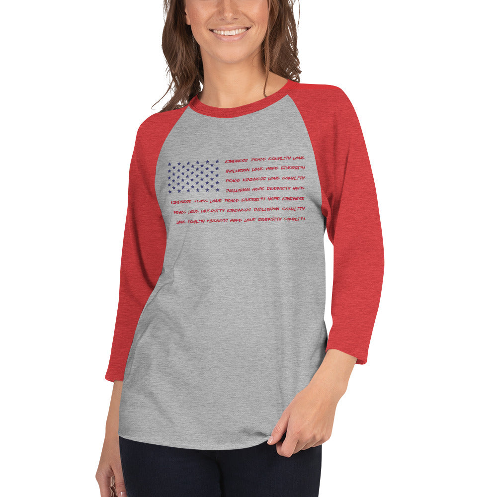 Flag Words of Kindness - 3/4 Sleeve Raglan Shirt - Supporting Equal Rights for All Americans Shirts & Tops Woke American Apparel Heather Grey/Heather Red XS