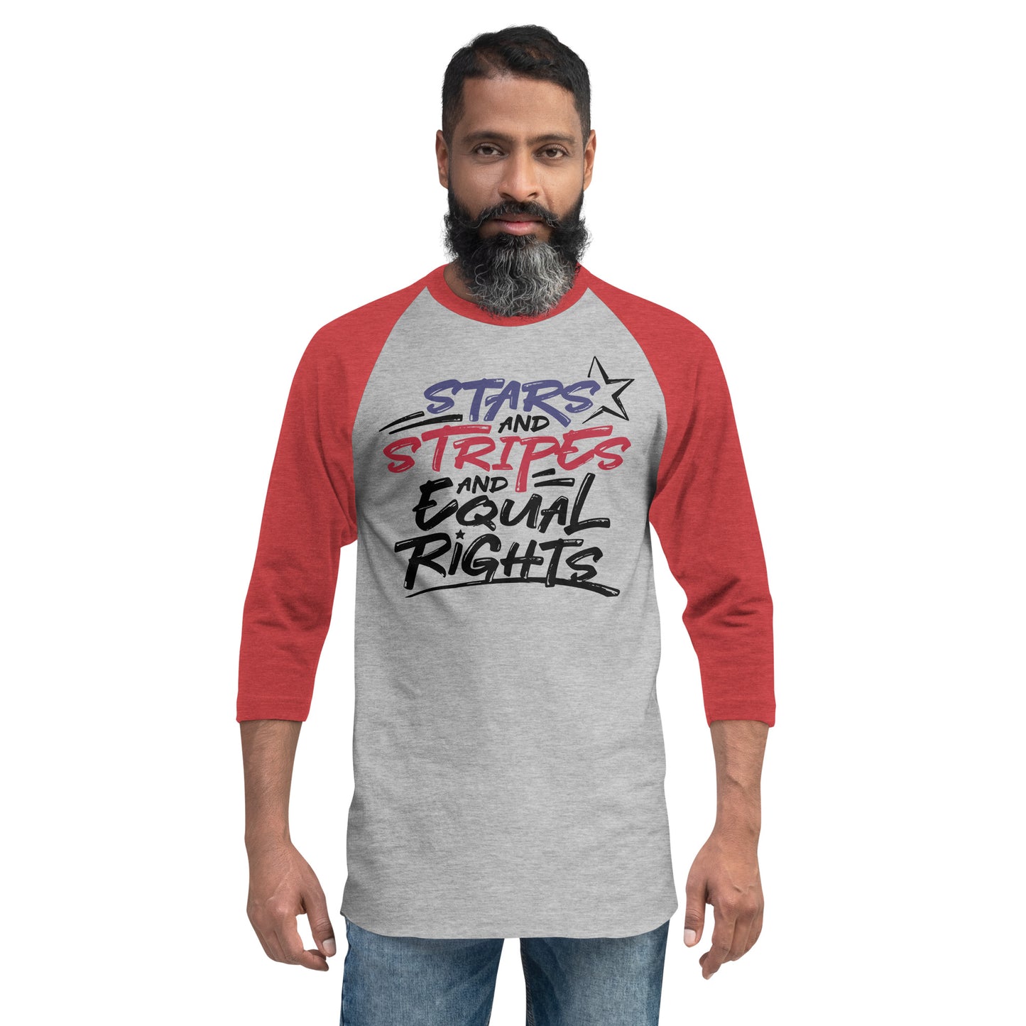 Stars and Stripes and Equal Rights - 3/4 Sleeve Raglan T-Shirt - Supporting Black Lives Matter and Equal Rights for All Americans Shirts & Tops Woke American Apparel Heather Grey/Heather Red XS