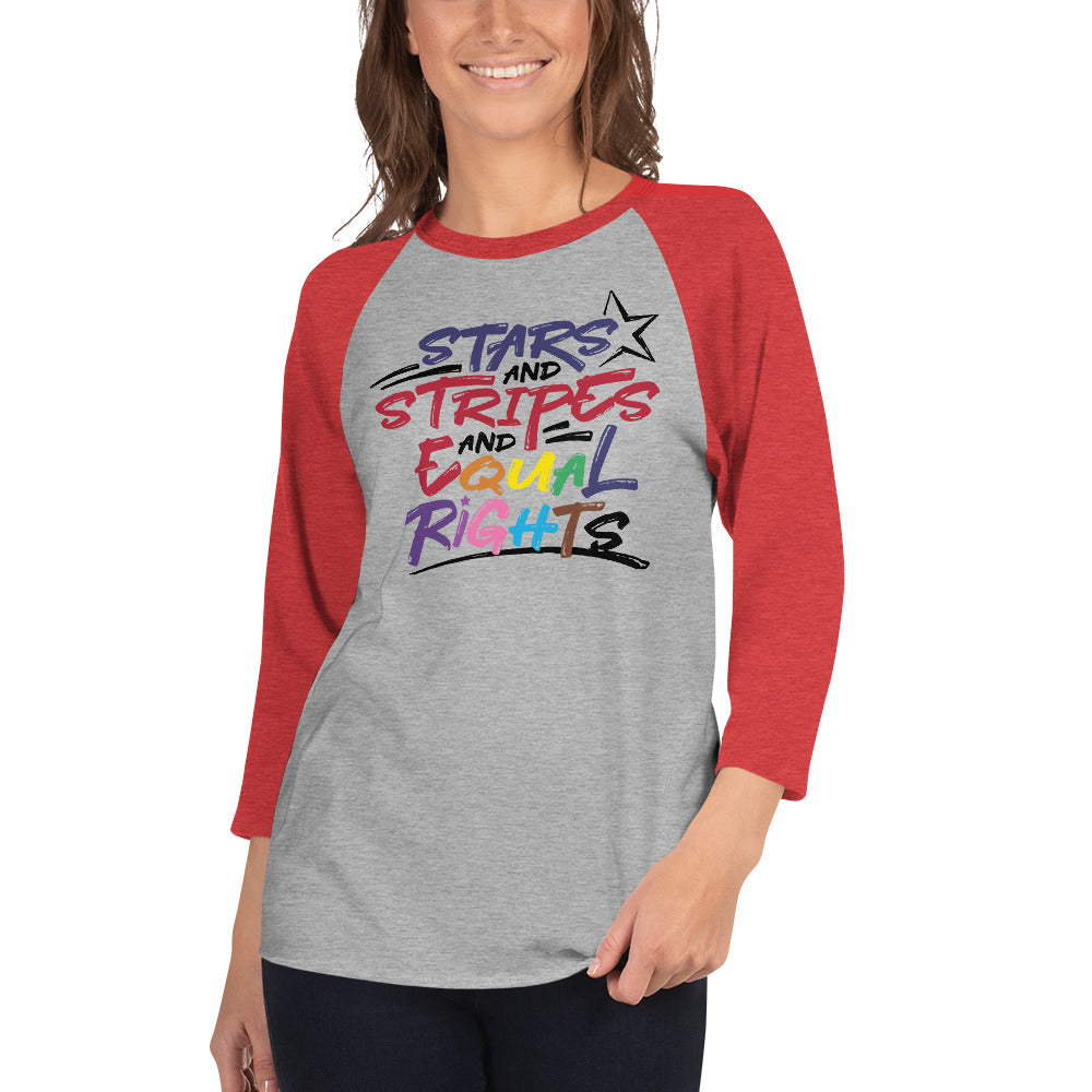 Stars and Stripes and Equal Rights (Rainbow Letters) - 3/4 Sleeve Raglan Shirt - Supporting Equal Rights for All Americans Shirts & Tops Woke American Apparel Heather Grey/Heather Red XS