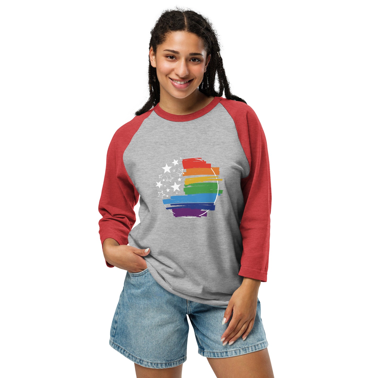 Stars & Pride - 3/4 Sleeve Raglan T-Shirt - Supporting LGBTQIA+ Rights Shirts & Tops Woke American Apparel Heather Grey/Heather Red XS