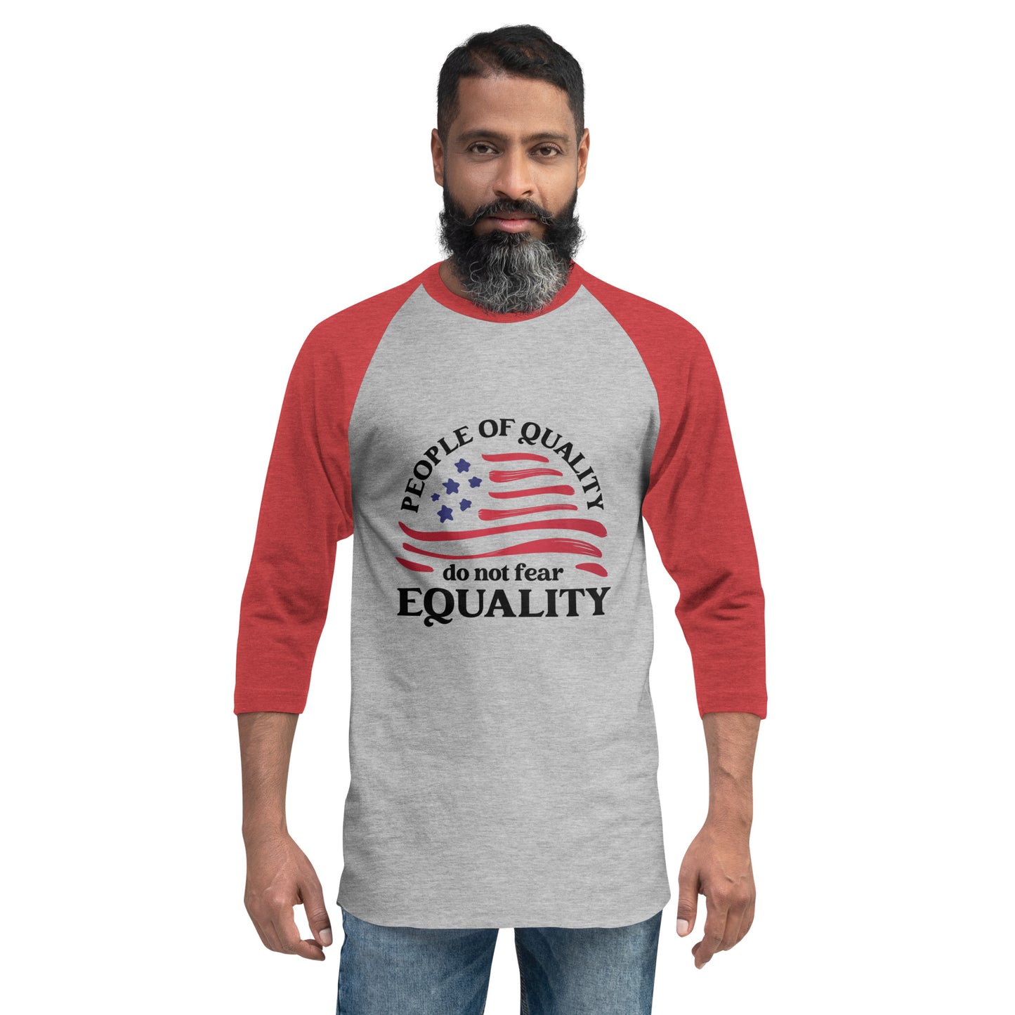 People of Quality Do Not Fear Equality - 3/4 Sleeve Raglan Shirt - Supporting Equal Rights for All Americans Shirts & Tops Woke American Apparel Heather Grey/Heather Red XS