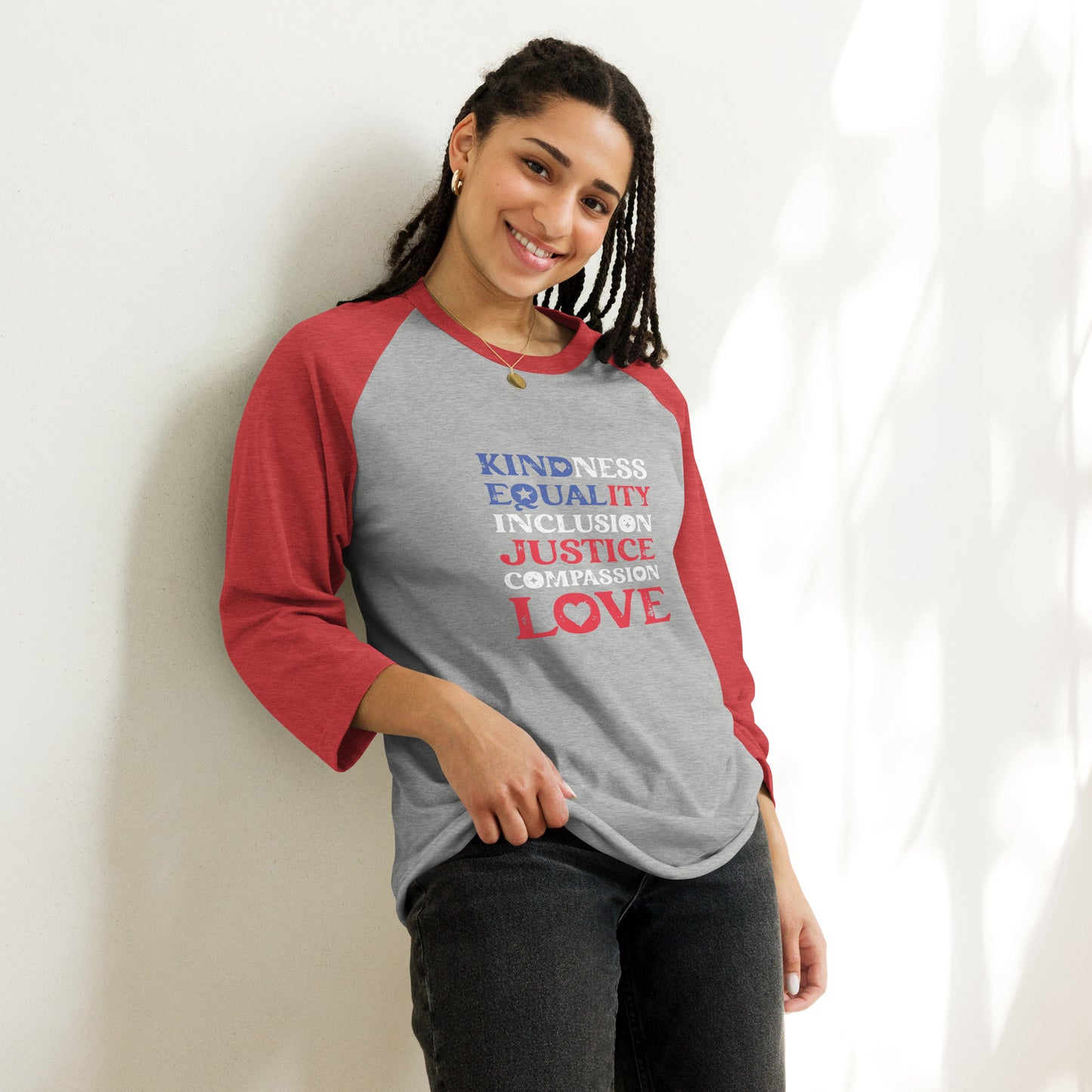 Kindness Equality Inclusion Justice Compassion Love - 3/4 Sleeve Raglan Shirt - Supporting Equal Rights for All Americans Shirts & Tops Woke American Apparel Heather Grey/Heather Red XS
