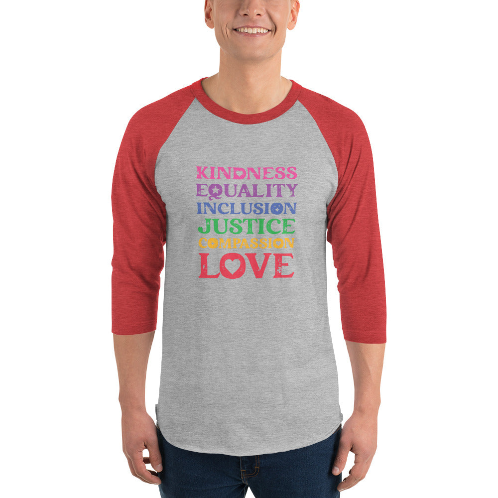 Kindness Equality Inclusion Justice Compassion Love (Rainbow) - 3/4 Sleeve Raglan Shirt - Supporting Equal Rights for All Americans Shirts & Tops Woke American Apparel Heather Grey/Heather Red XS