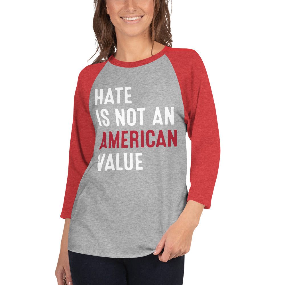 Hate Is Not An American Value - 3/4 Sleeve Raglan Shirt - Supporting Equal Rights for All Americans Shirts & Tops Woke American Apparel Heather Grey/Heather Red XS